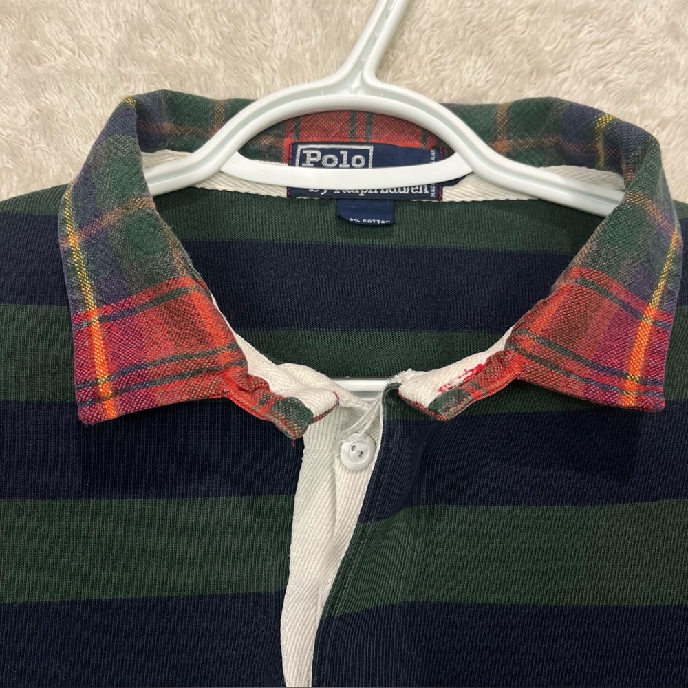 Vintage Mens Polo Ralph Lauren Rugby Striped Shirt Plaid Collar Prep Preppy XL - Picture 2 of 14